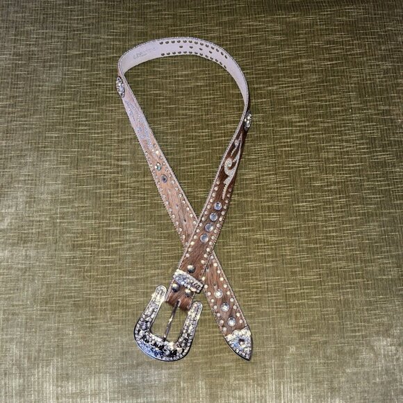 Nocona Brown Calf Hair Leather Studded Iridescent Rhinestone Belt M 32.5-38.5” - Picture 6 of 16